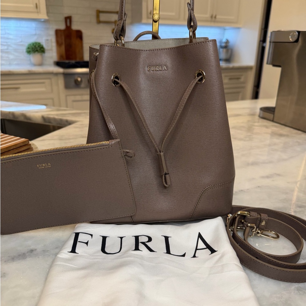 Furla Taupe Leather Bucket Bag NWOT